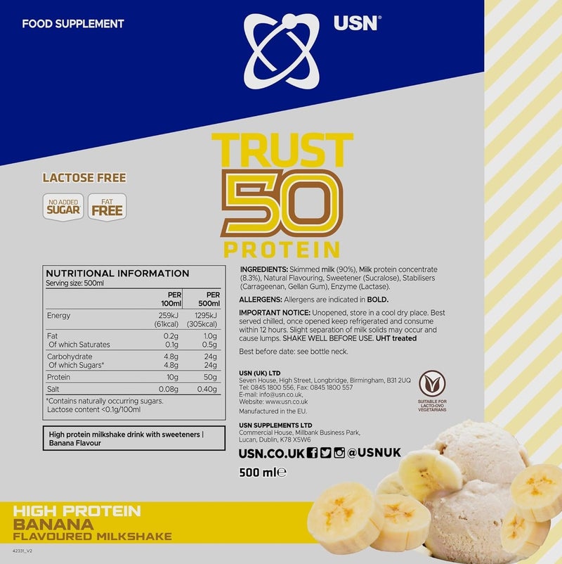 يو إس إن يو اس ان تراست 50 بروتين مخفوق الموز والحليب 500 مل - Image 2